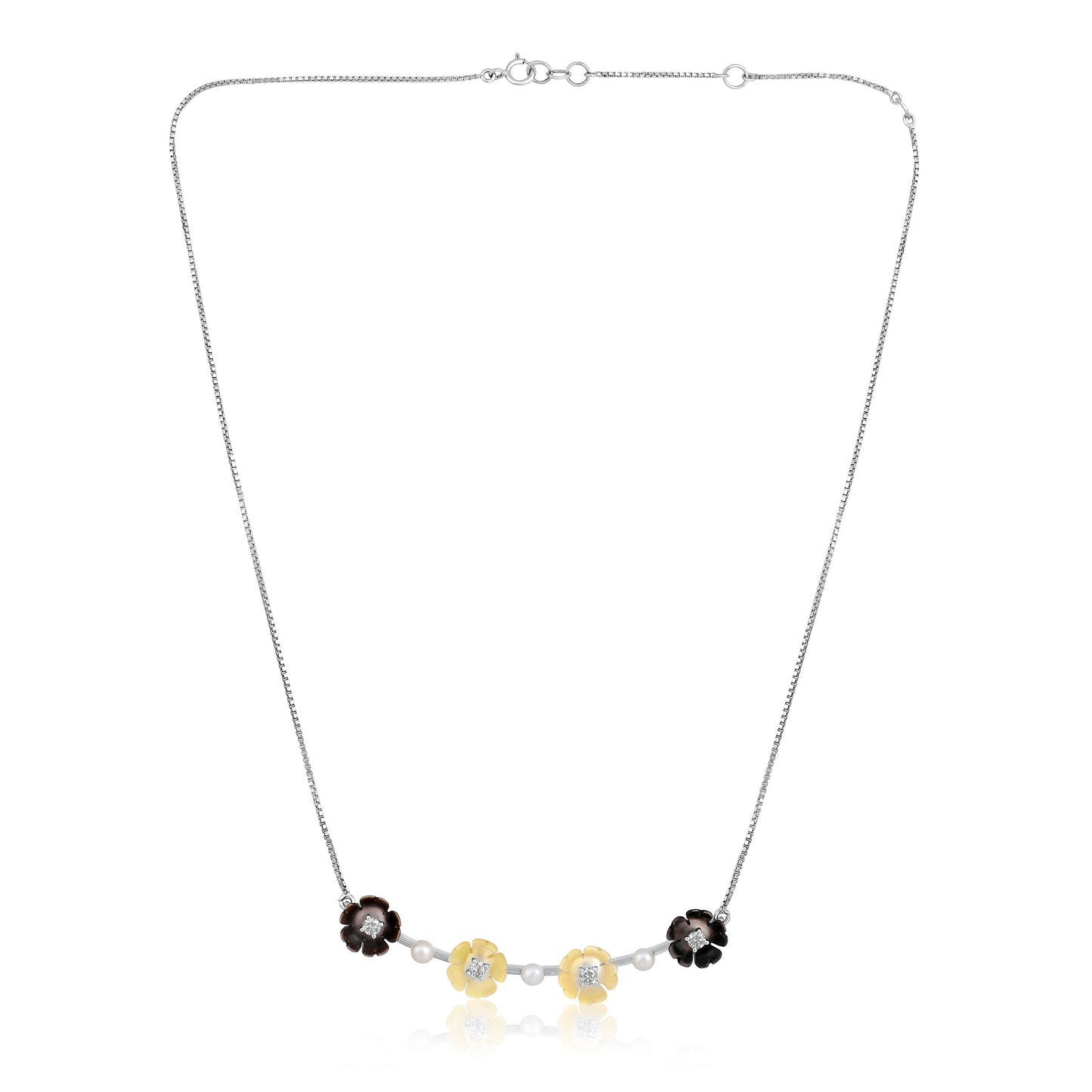 Solid Gold 3.9ct Natural Diamond w/ Pearls Black Flower Necklace