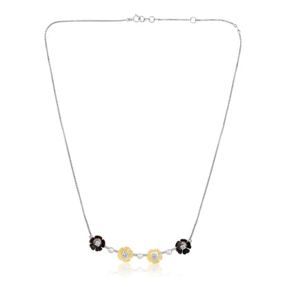 Solid Gold 3.9ct Natural Diamond w/ Pearls Black Flower Necklace