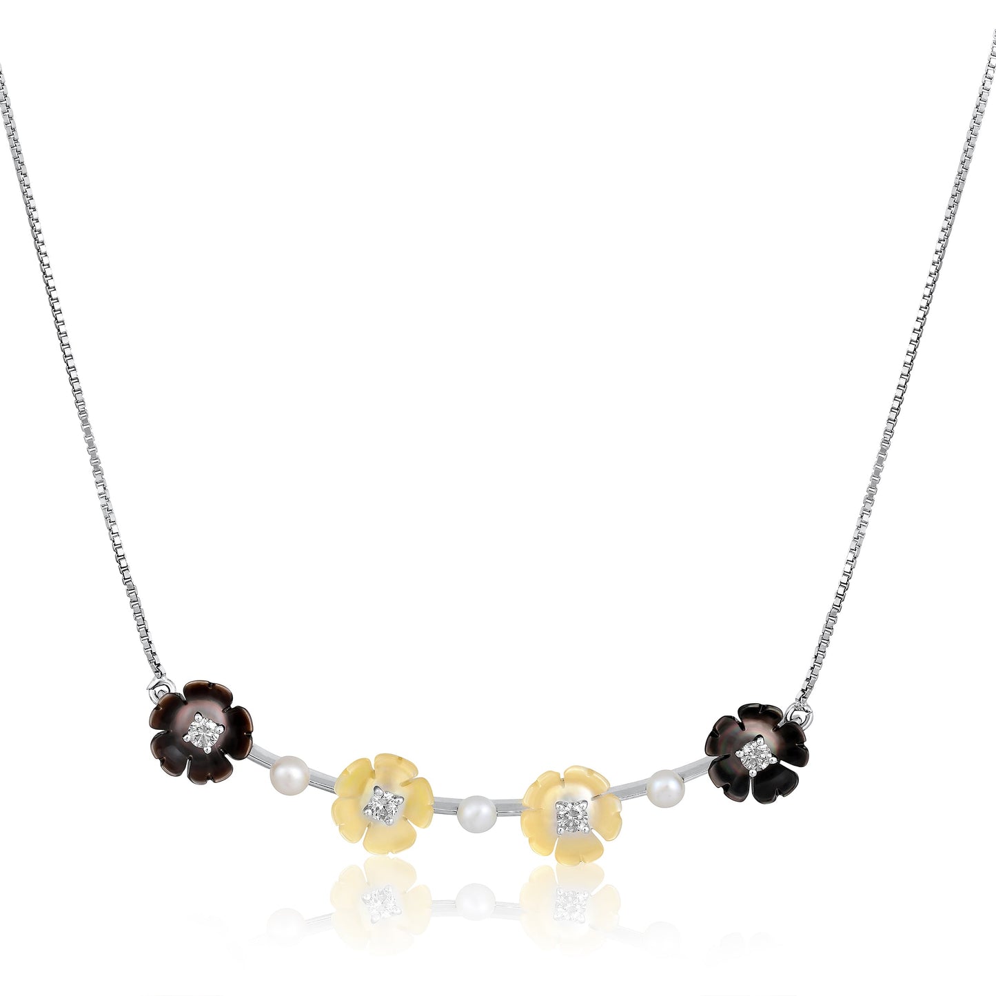 Solid Gold 3.9ct Natural Diamond w/ Pearls Black Flower Necklace