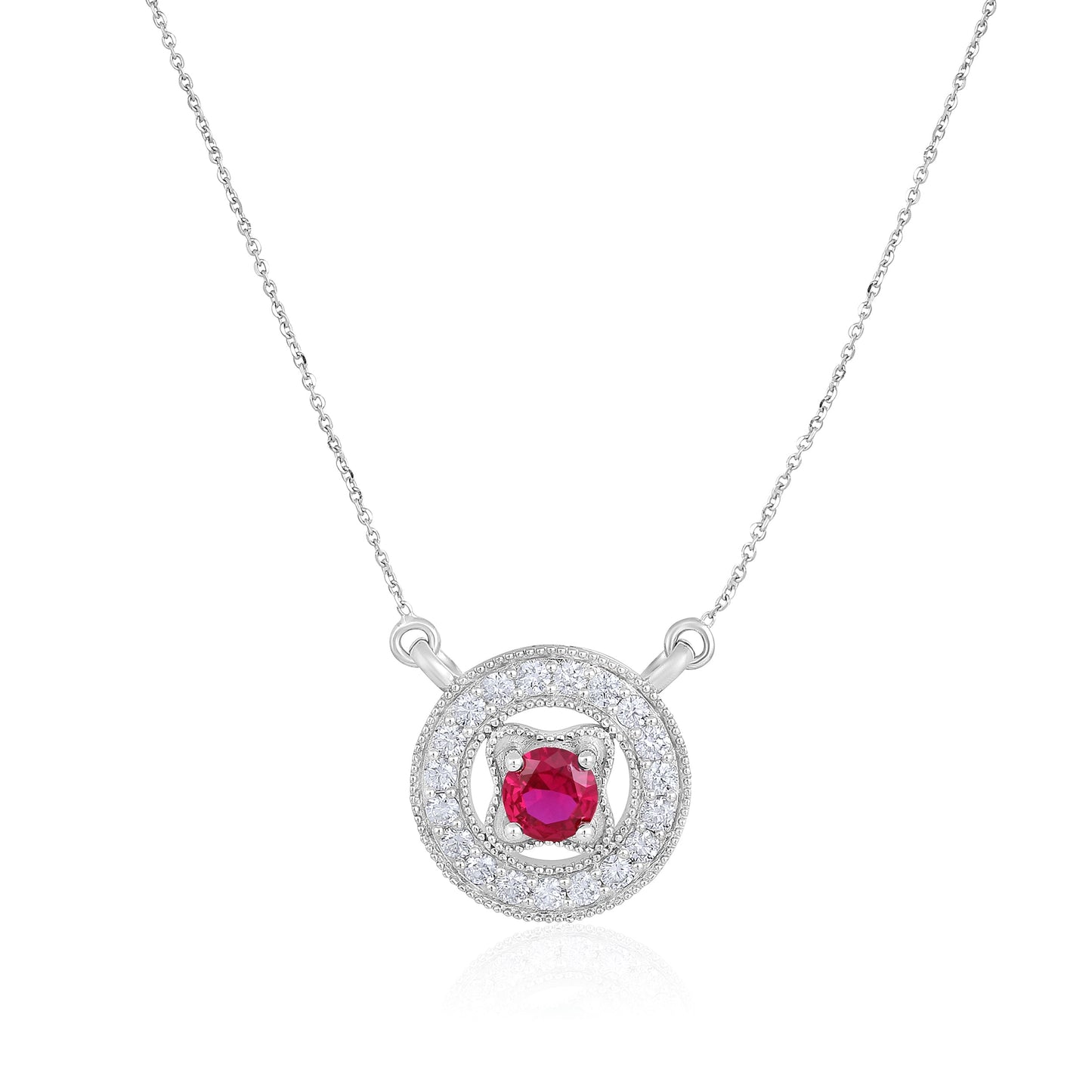 Solid Gold 1.6ct Natural Diamond w/ Ruby Round Frame Necklace