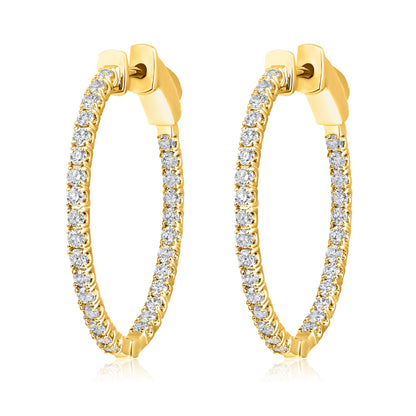 Solid Gold 1ct Natural Diamond Oval Inside Out 26mm Hoop Earrings