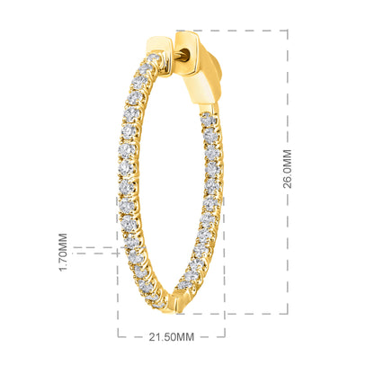 Solid Gold 1ct Natural Diamond Oval Inside Out 26mm Hoop Earrings
