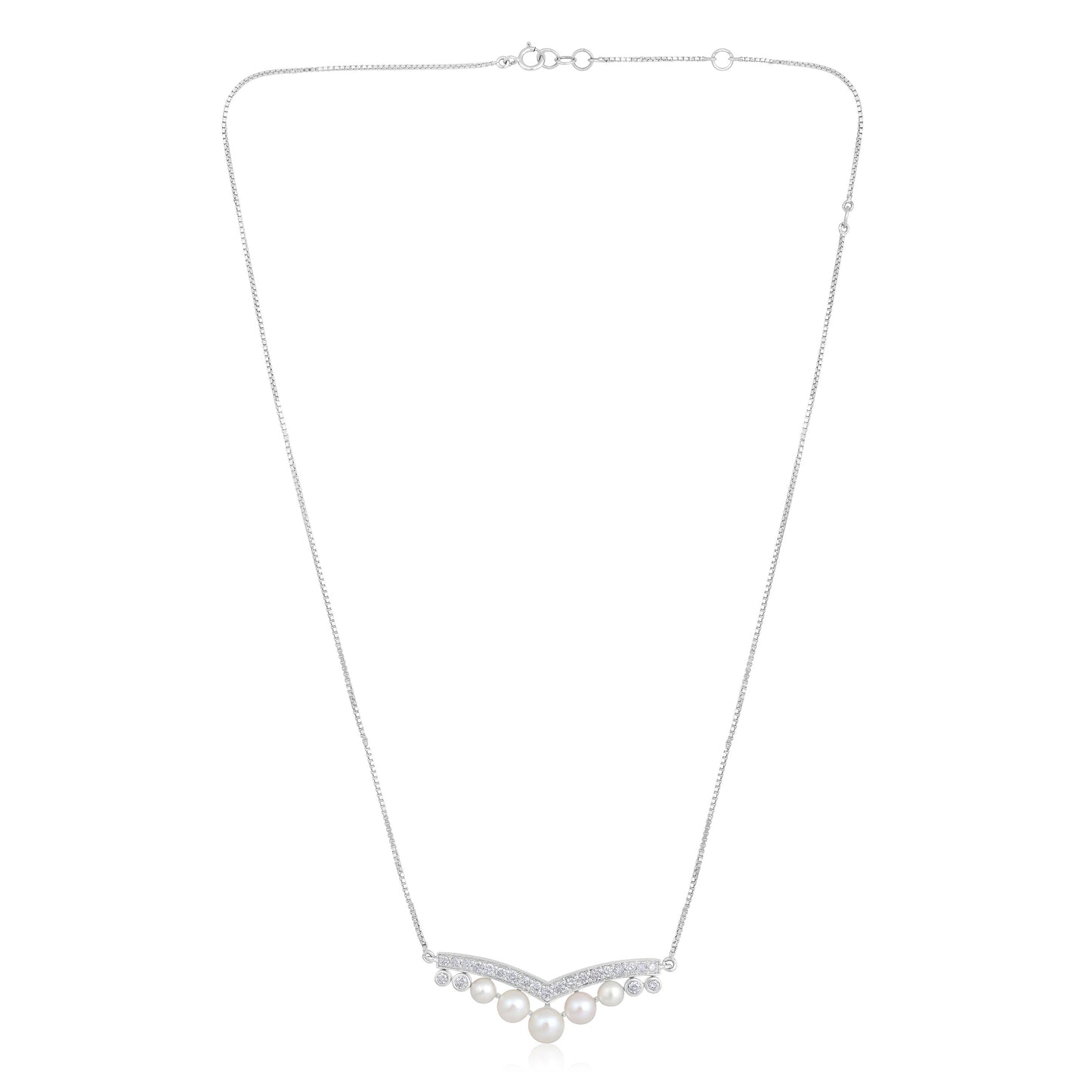 Solid Gold 4.9ct Natural Diamond w/ Cultured Pearls V Curved Necklace