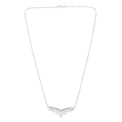 Solid Gold 4.9ct Natural Diamond w/ Cultured Pearls V Curved Necklace