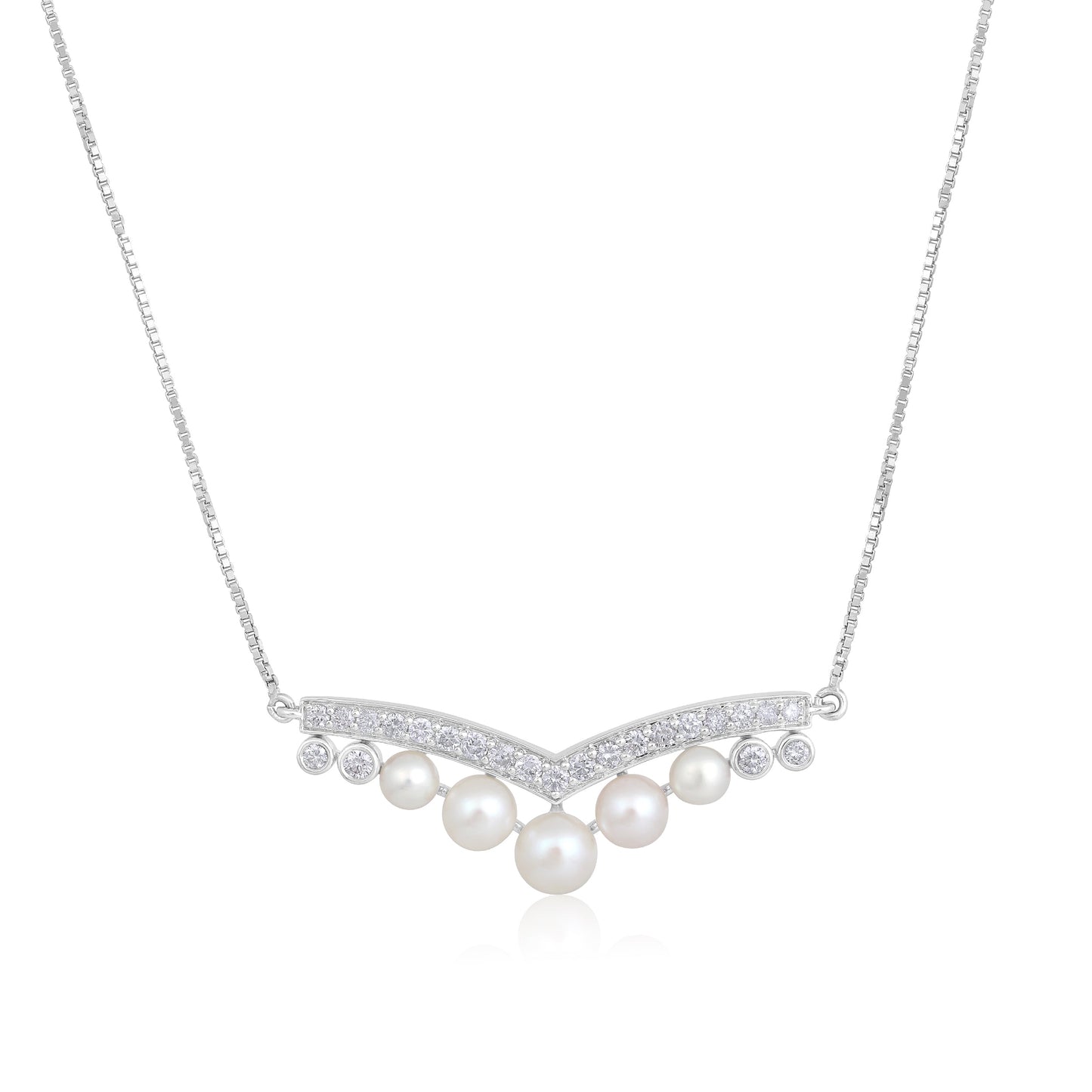 Solid Gold 4.9ct Natural Diamond w/ Cultured Pearls V Curved Necklace
