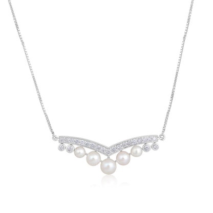 Solid Gold 4.9ct Natural Diamond w/ Cultured Pearls V Curved Necklace