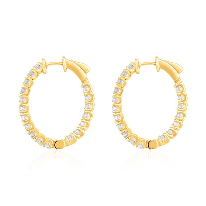 Solid Gold 2ct Natural Diamond Oval Inside Out 26mm Hoop Earrings