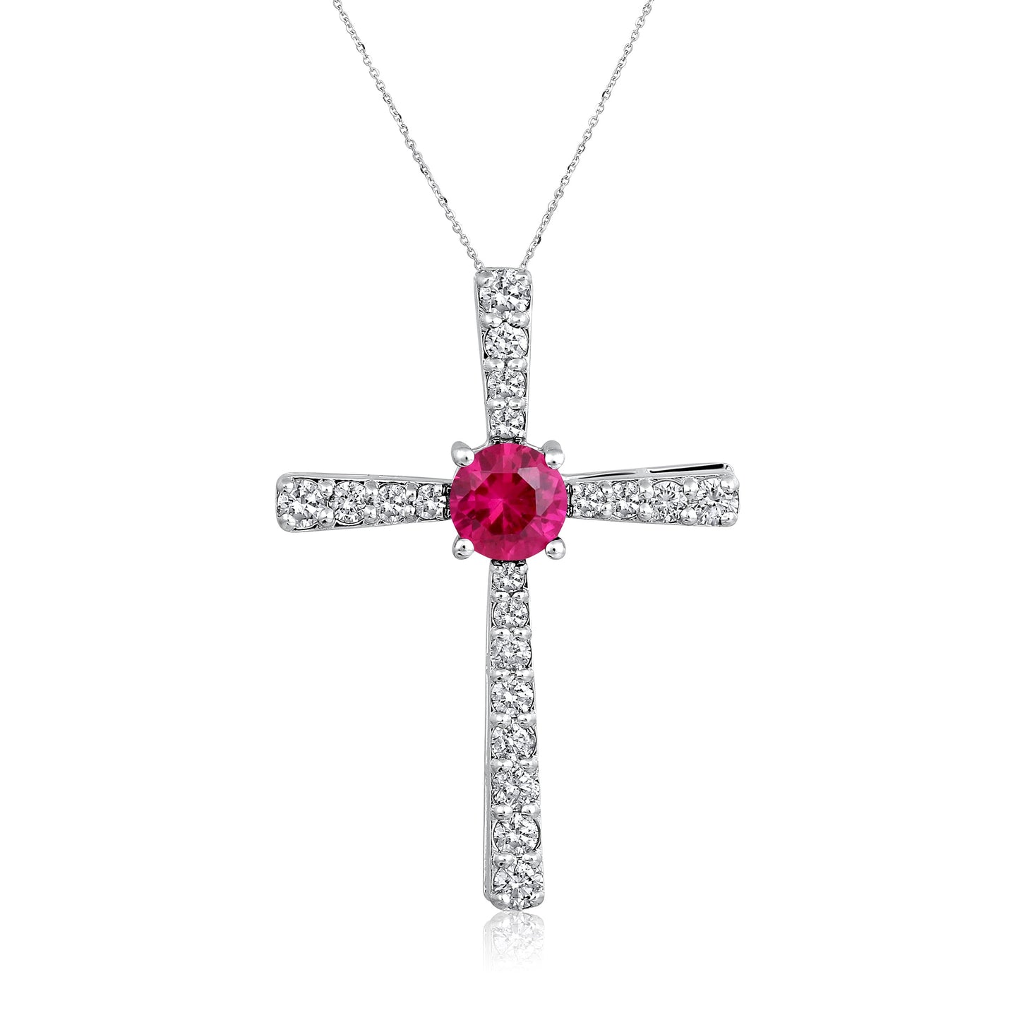 Solid Gold 1ct Natural Diamond w/ Ruby Round Cross Necklace