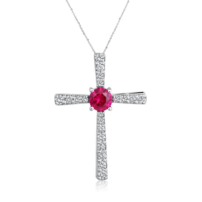 Solid Gold 1ct Natural Diamond w/ Ruby Round Cross Necklace