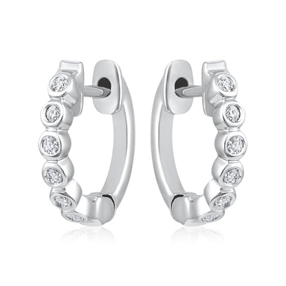 Solid Gold 0.1ct Natural Diamond Bezel Halo Bead Huggie Hoop Earrings