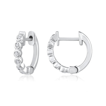 Solid Gold 0.1ct Natural Diamond Bezel Halo Bead Huggie Hoop Earrings