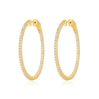 Solid Gold 1.35ct Natural Diamond Round Inside Outside 37.5mm Hoop Earrings