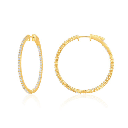Solid Gold 1.35ct Natural Diamond Round Inside Outside 37.5mm Hoop Earrings