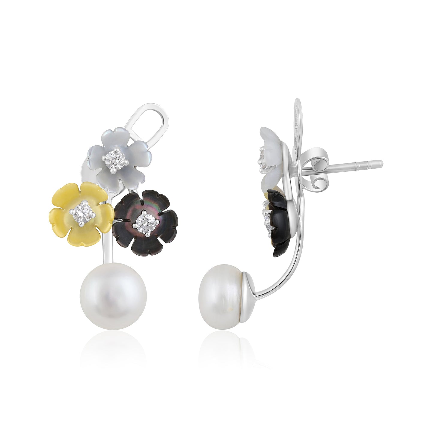 Solid Gold 10ct Natural Diamond w/ Pearls 3 Flower Black Earrings
