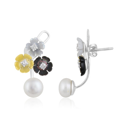 Solid Gold 10ct Natural Diamond w/ Pearls 3 Flower Black Earrings