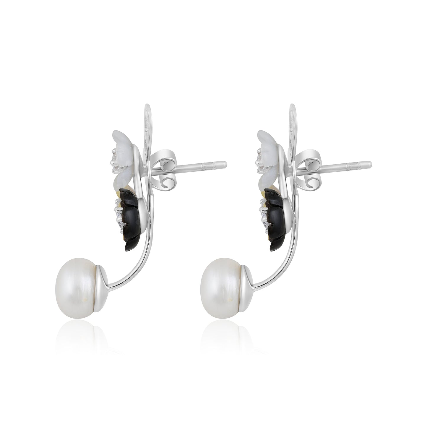 Solid Gold 10ct Natural Diamond w/ Pearls 3 Flower Black Earrings