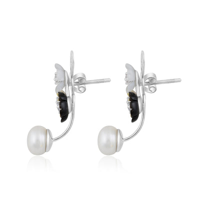 Solid Gold 10ct Natural Diamond w/ Pearls 3 Flower Black Earrings