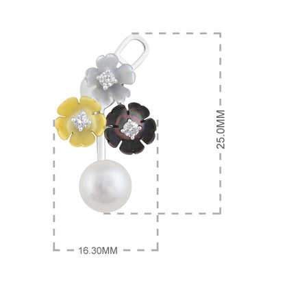 Solid Gold 10ct Natural Diamond w/ Pearls 3 Flower Black Earrings