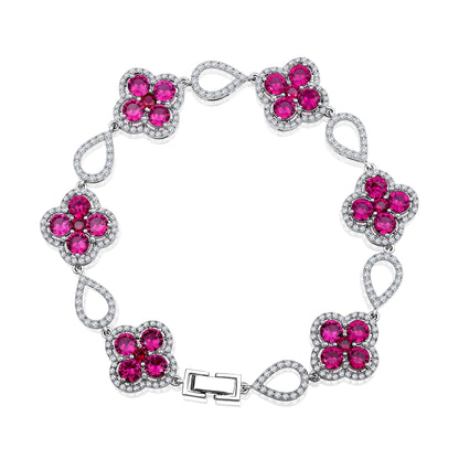 Solid Gold 3.9ct Natural Diamond w/ Ruby Clover Link Bracelet