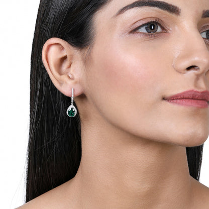 Solid Gold 3.3ct Natural Diamond w/ Emerald Pear Drop Earrings