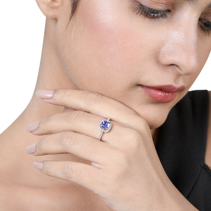 Solid Gold 2ct Natural Diamond w/ Tanzanite Cushion Ring