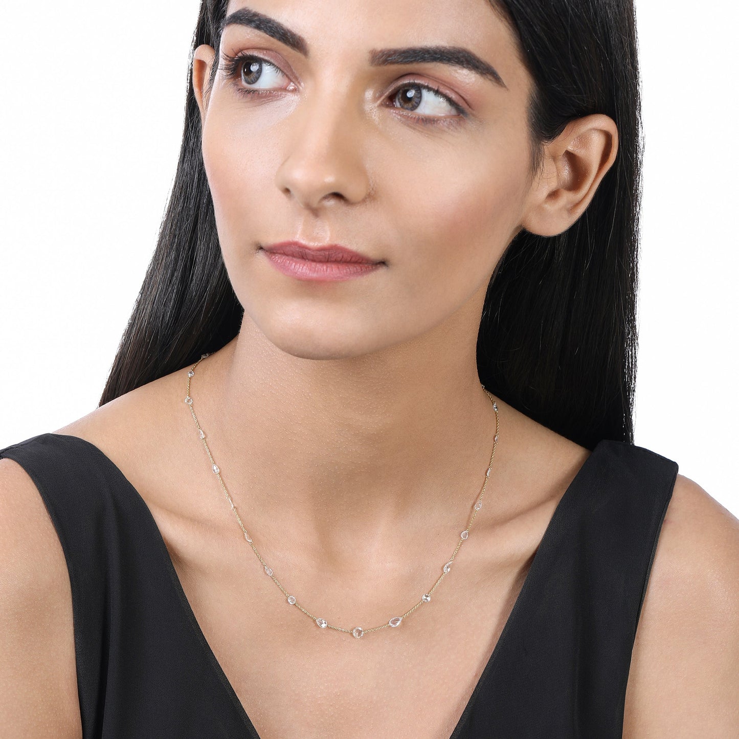 Solid Gold 2.6ct Natural Diamond Rose-Cut Pear Round Tennis Necklace