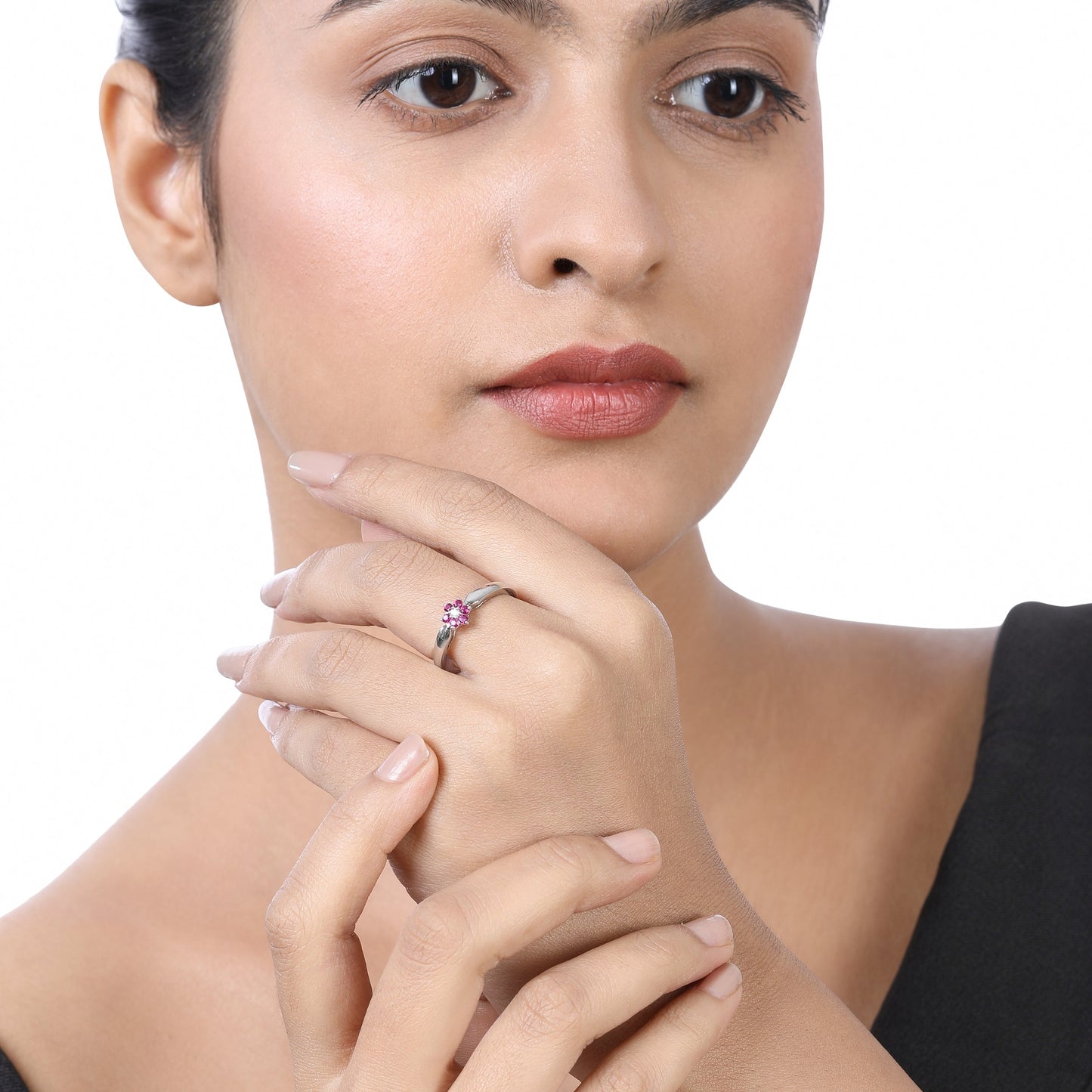 Solid Gold 0.23ct Natural Diamond w/ Ruby Flower Ring