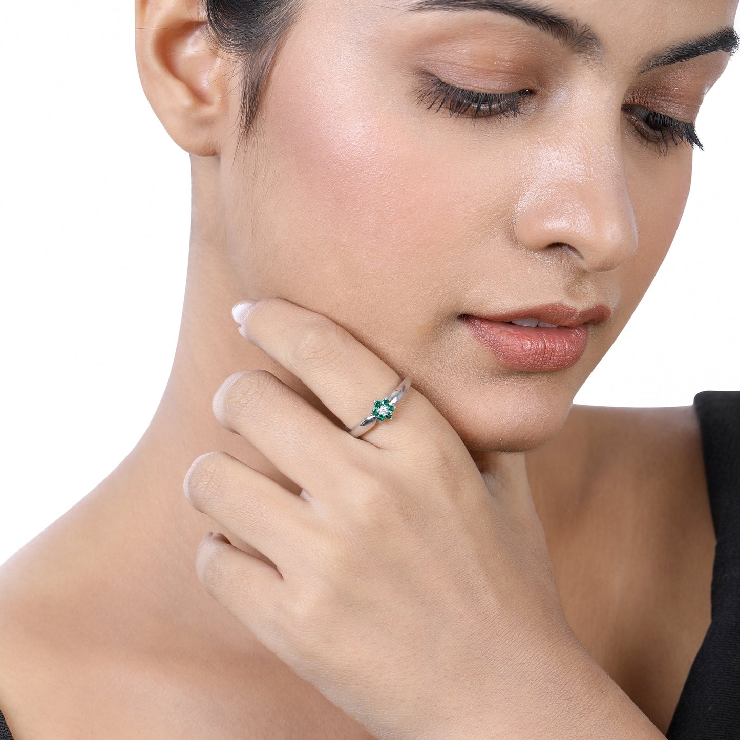 Solid Gold 0.21ct Natural Diamond w/ Emerald Flower Ring