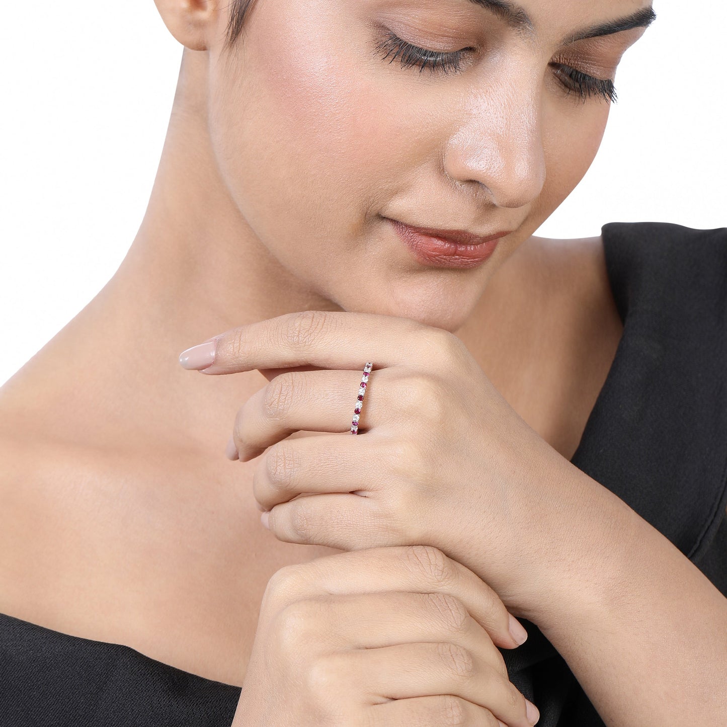 Solid Gold 1.15ct Natural Diamond w/ Ruby Thin Band Ring