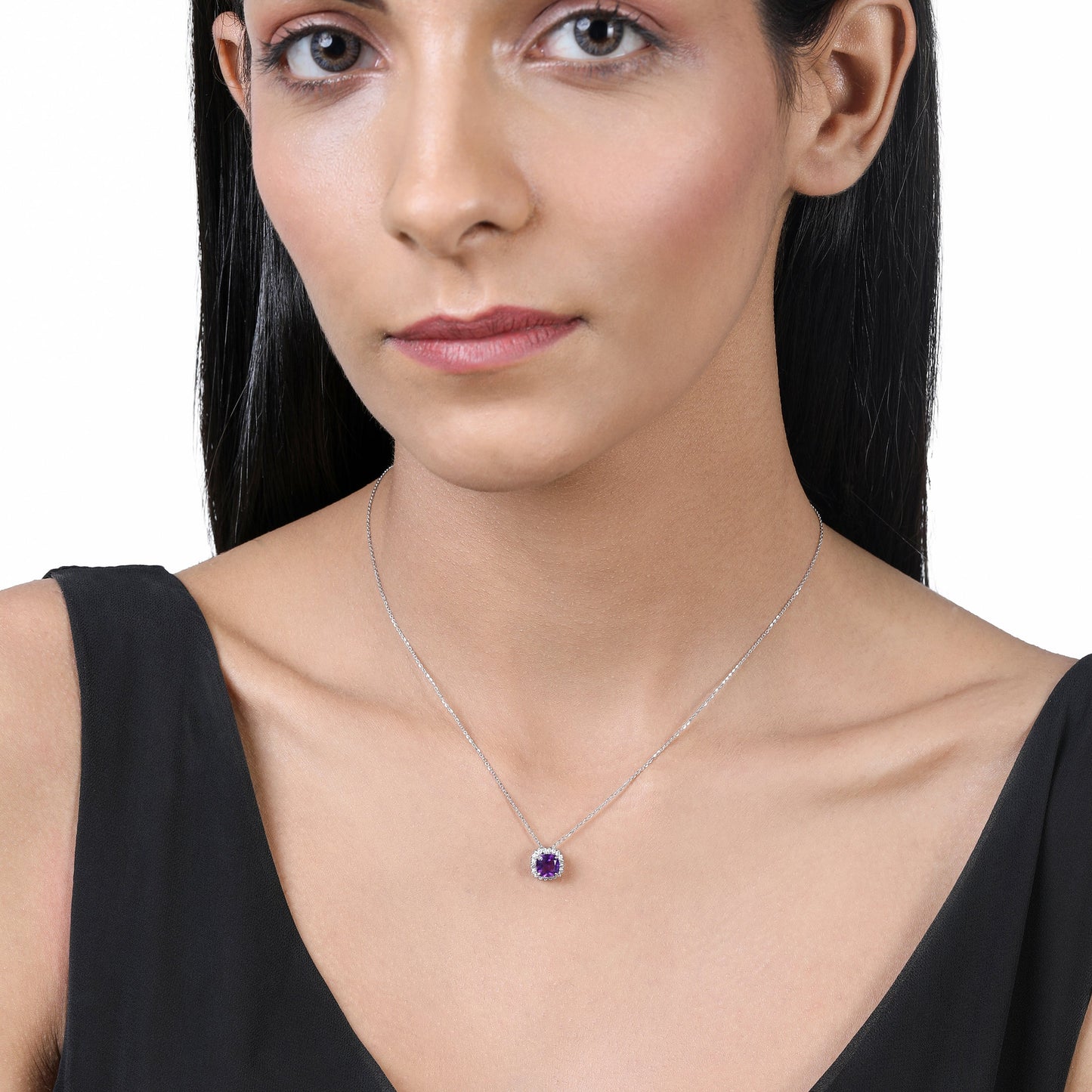 Solid Gold 1ct Natural Diamond w/ Amethyst Cushion Pendant