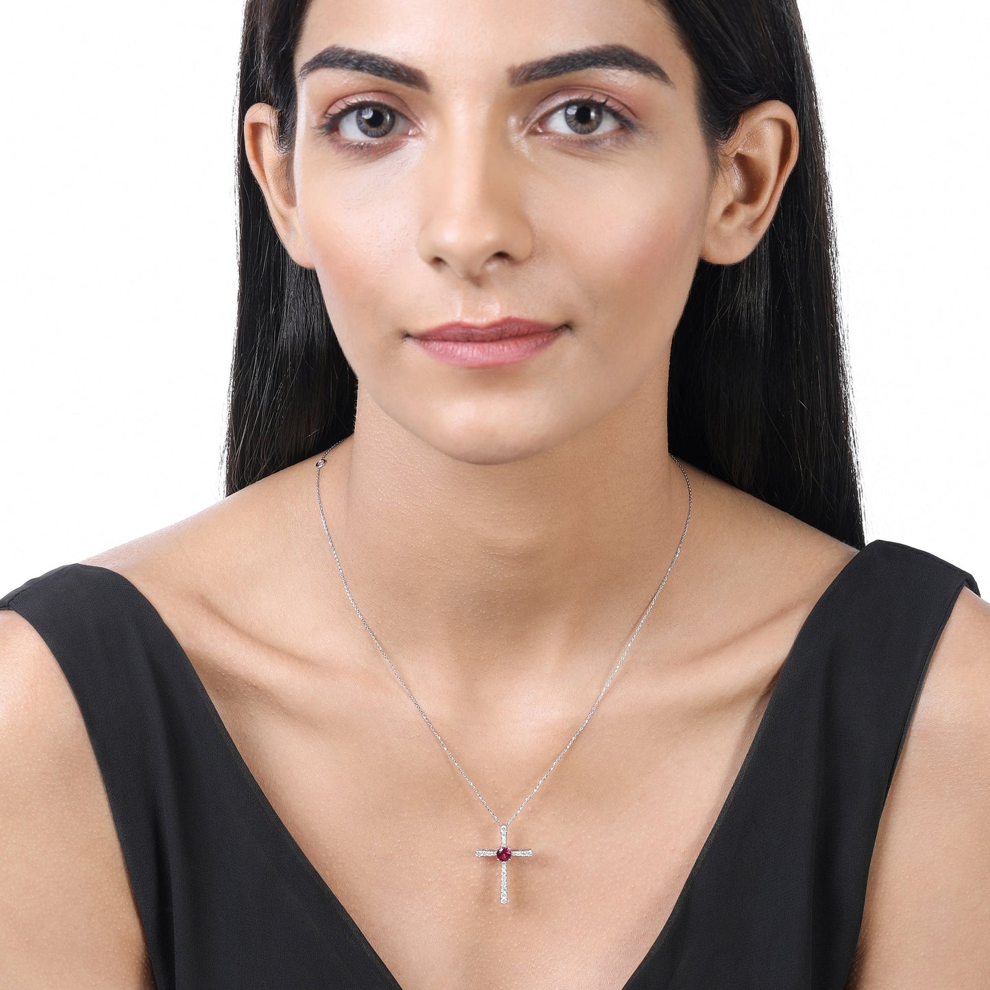 Solid Gold 1ct Natural Diamond w/ Ruby Round Cross Necklace