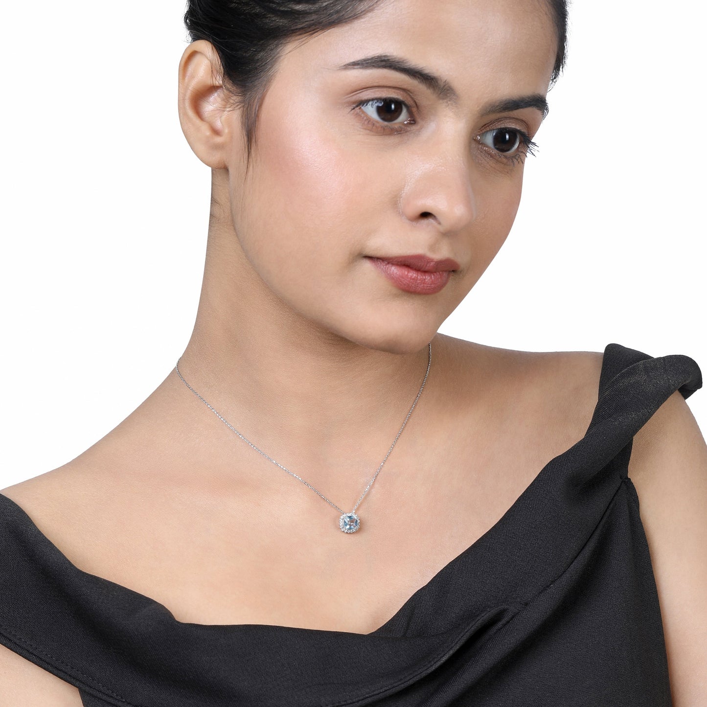 Solid Gold 0.8ct Natural Diamond w/ Aquamarine Cushion Pendant