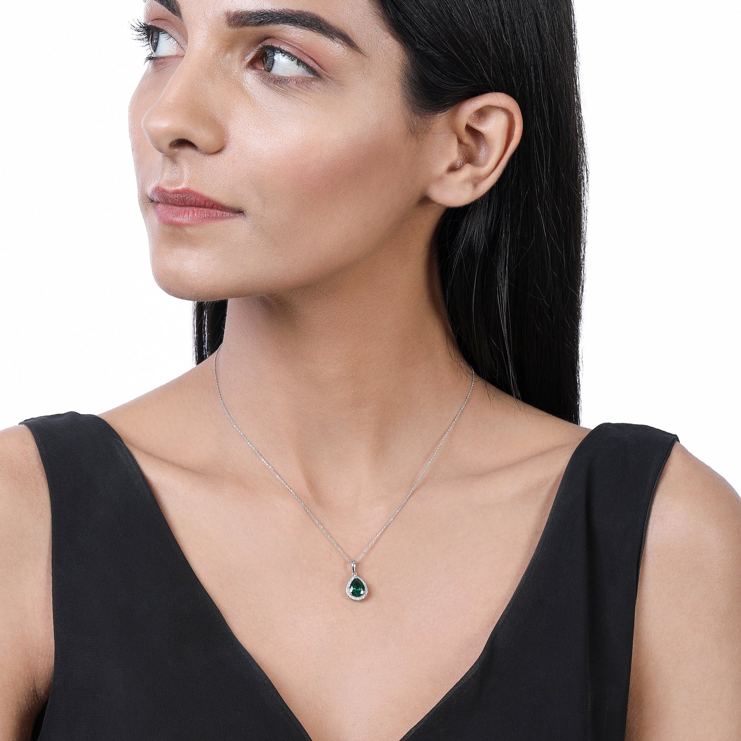 Solid Gold 1.55ct Natural Diamond w/ Emerald Pear Necklace