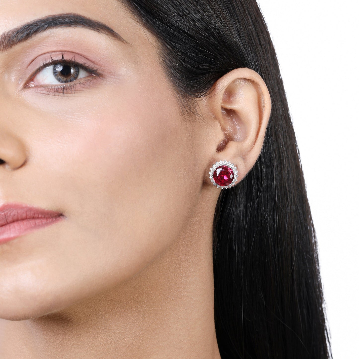 Solid Gold 10ct Natural Diamond w/ Ruby Flower Stud Earrings