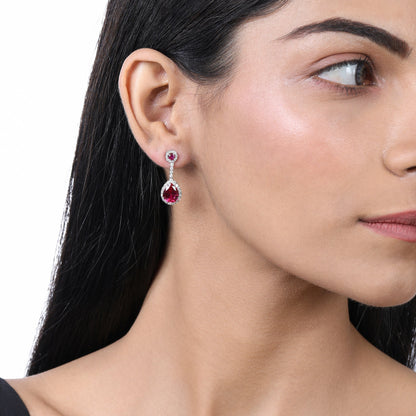 Solid Gold 7.6ct Natural Diamond w/ Ruby Pear Drop Earrings