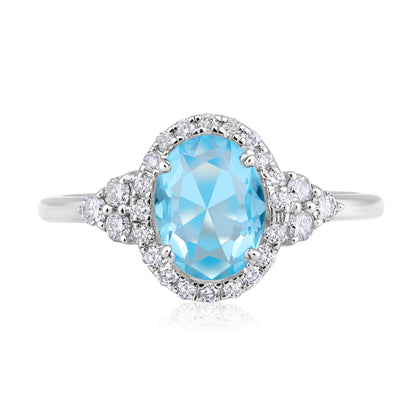 Solid Gold 1.2ct Natural Diamond w/ Aquamarine March Oval Ring