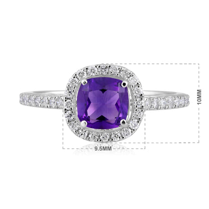 Solid Gold 1ct Natural Diamond w/ Amethyst Feb Cushion Ring