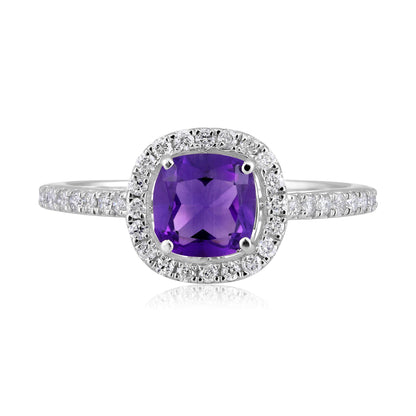 Solid Gold 1ct Natural Diamond w/ Amethyst Feb Cushion Ring