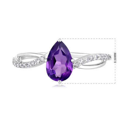 Solid Gold 1ct Natural Diamond w/ Amethyst February Pear Ring