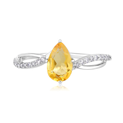 Solid Gold 1ct Natural Diamond w/ Citrine November Pear Ring