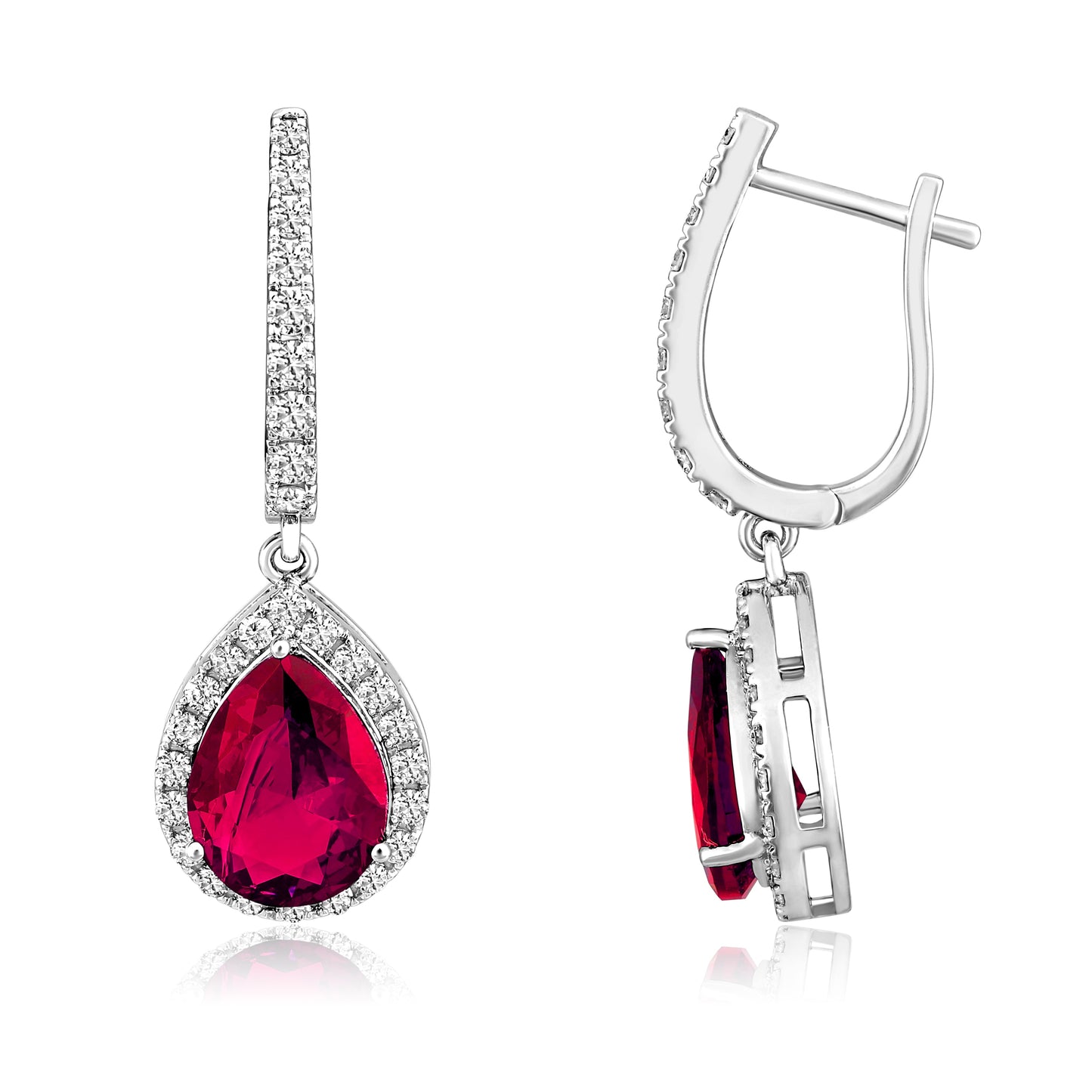 Solid Gold 4.4ct Natural Diamond w/ Ruby Pear Drop Earrings