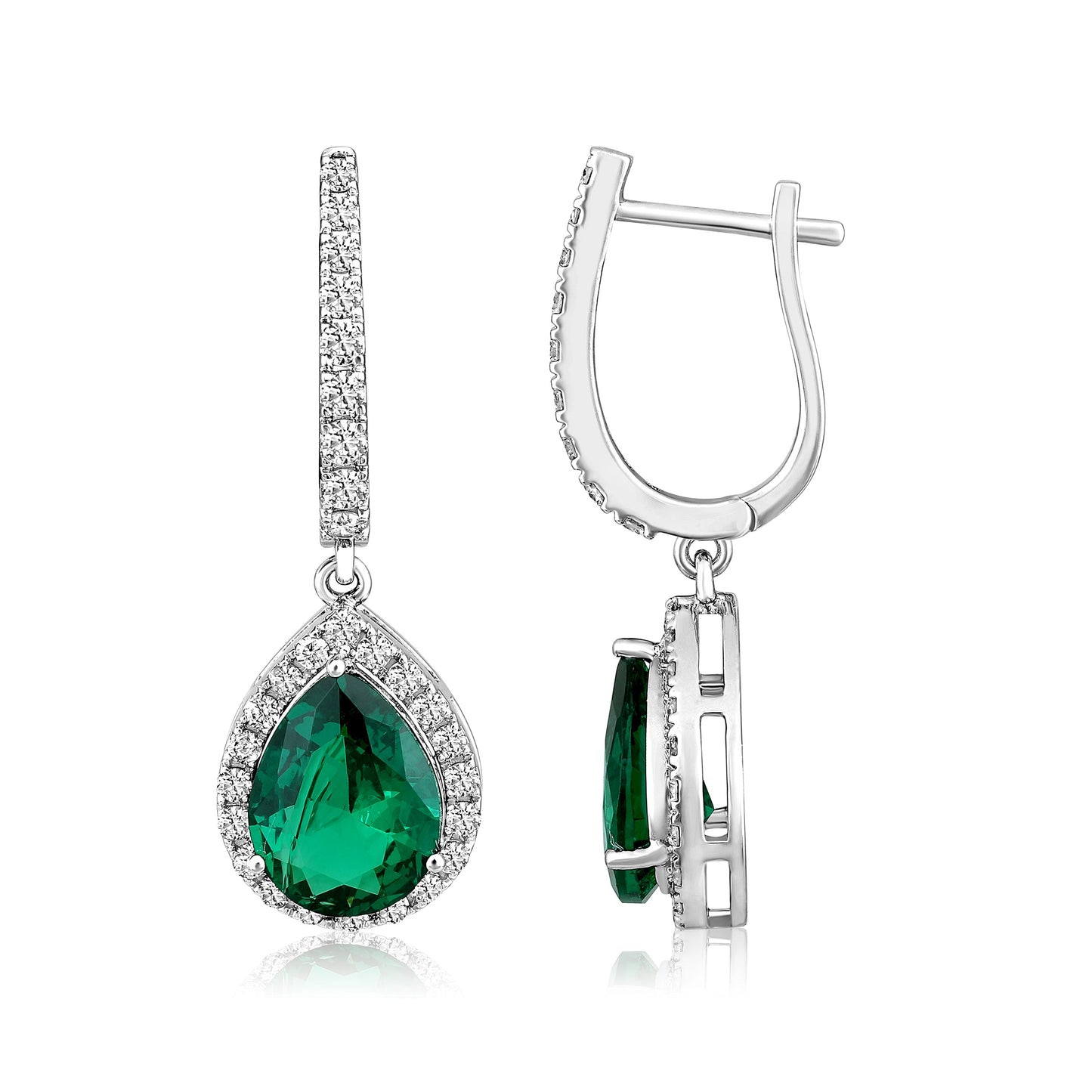 Solid Gold 3.3ct Natural Diamond w/ Emerald Pear Drop Earrings
