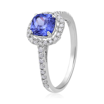 Solid Gold 2ct Natural Diamond w/ Tanzanite Cushion Ring