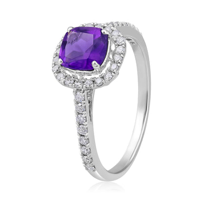 Solid Gold 1ct Natural Diamond w/ Amethyst Feb Cushion Ring