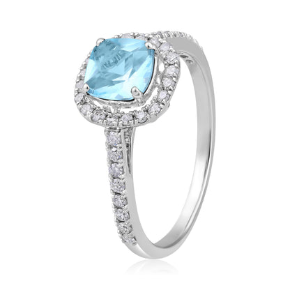 Solid Gold 1.4ct Natural Diamond w/ Aquamarine Cushion Ring