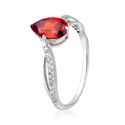 Solid Gold 2ct Natural Diamond w/ Garnet January Pear Ring