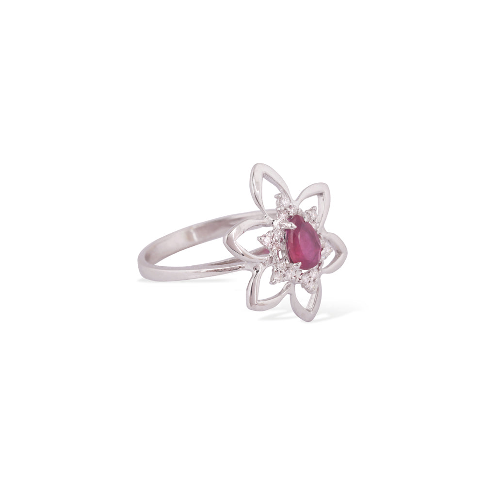 Solid Gold 0.7ct Natural Diamonds w/ Ruby Pear Flower Ring