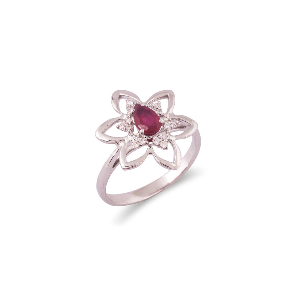 Solid Gold 0.7ct Natural Diamonds w/ Ruby Pear Flower Ring