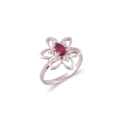 Solid Gold 0.7ct Natural Diamonds w/ Ruby Pear Flower Ring