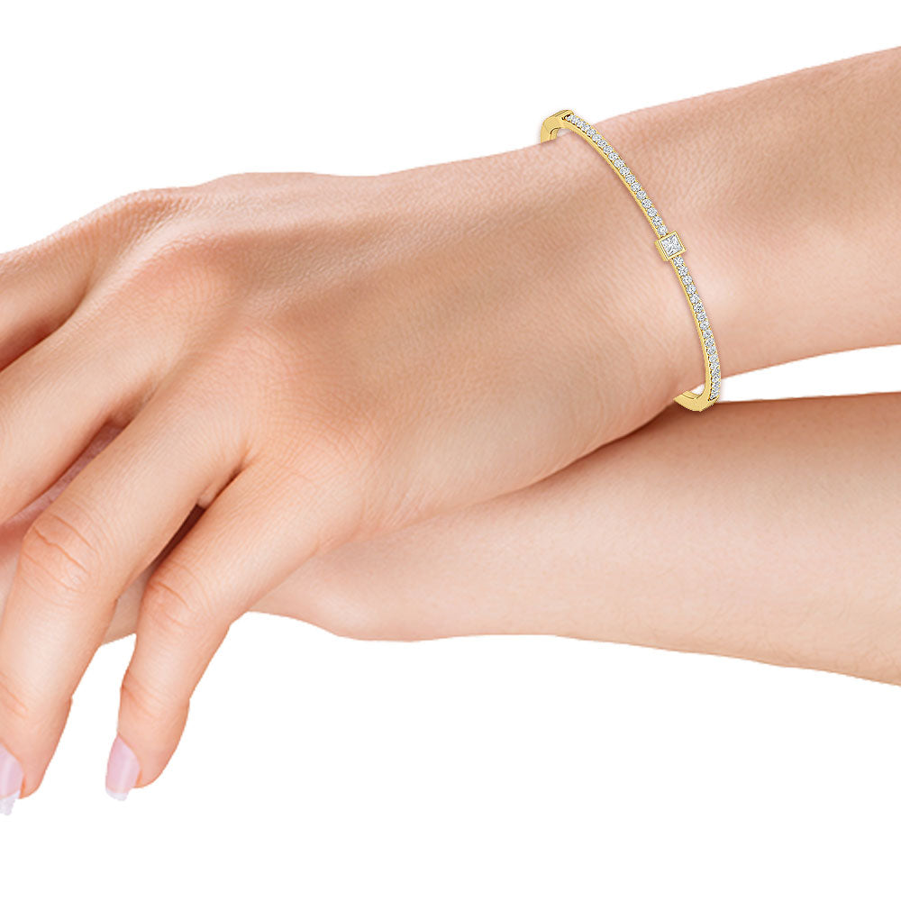 Solid Gold 1.1ct Natural Diamond Princess Tennis Bangle Bezel Bracelet